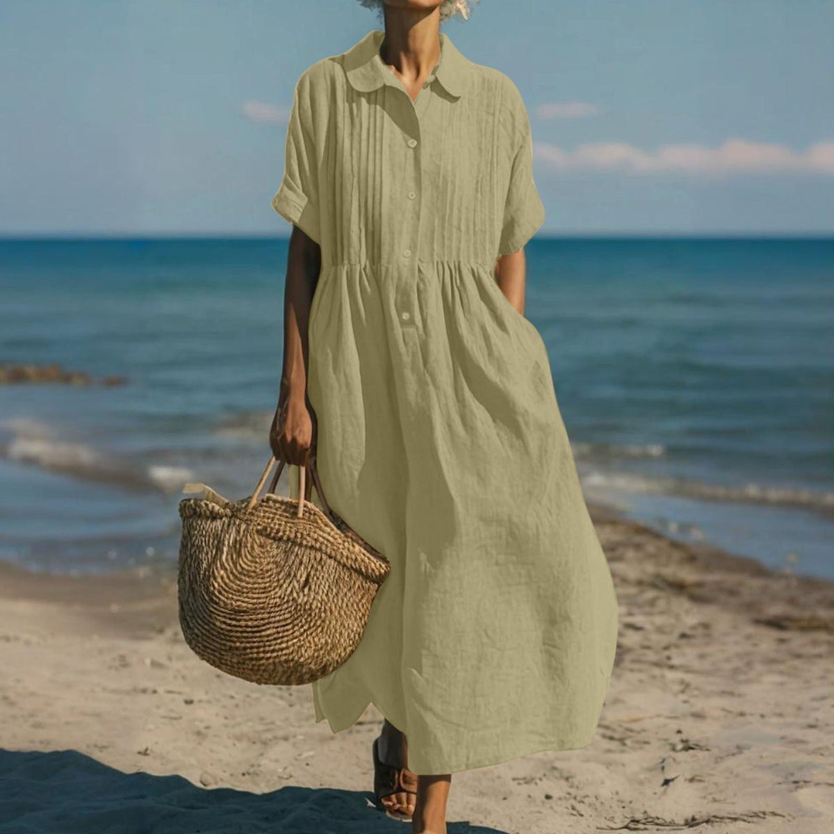 Ursula - Women's Pintuck Linen Maxi Shirt Dress - photo 12