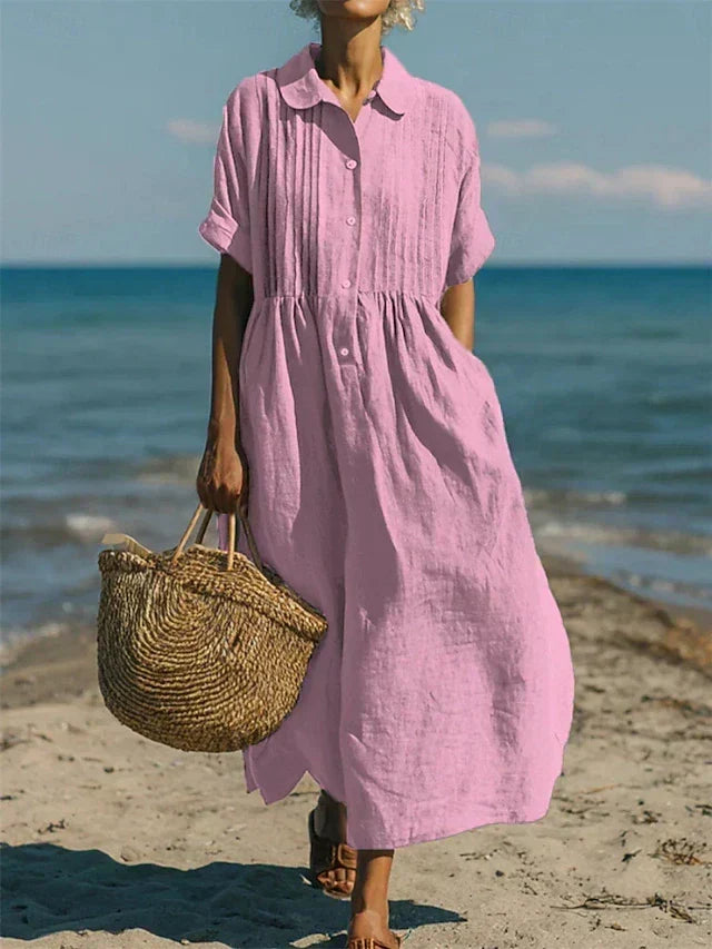 Ursula - Women's Pintuck Linen Maxi Shirt Dress - photo 6