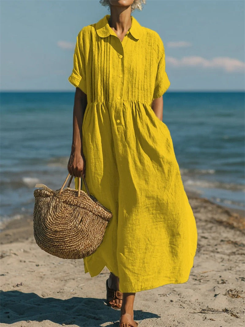 Ursula - Women's Pintuck Linen Maxi Shirt Dress - photo 9