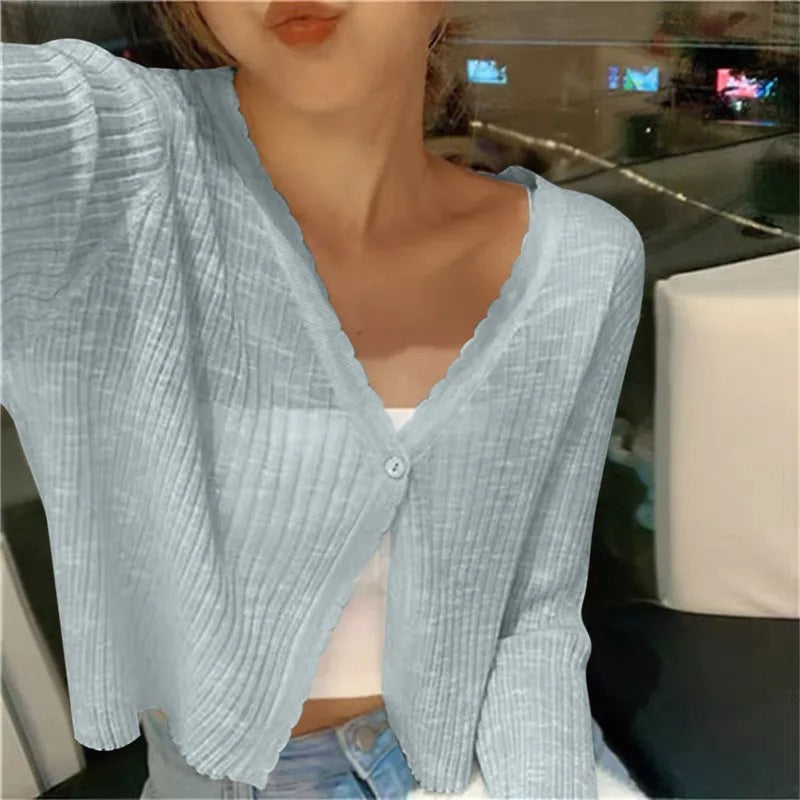 Women's Lightweight Ribbed Knit Button-Up Cardigan
