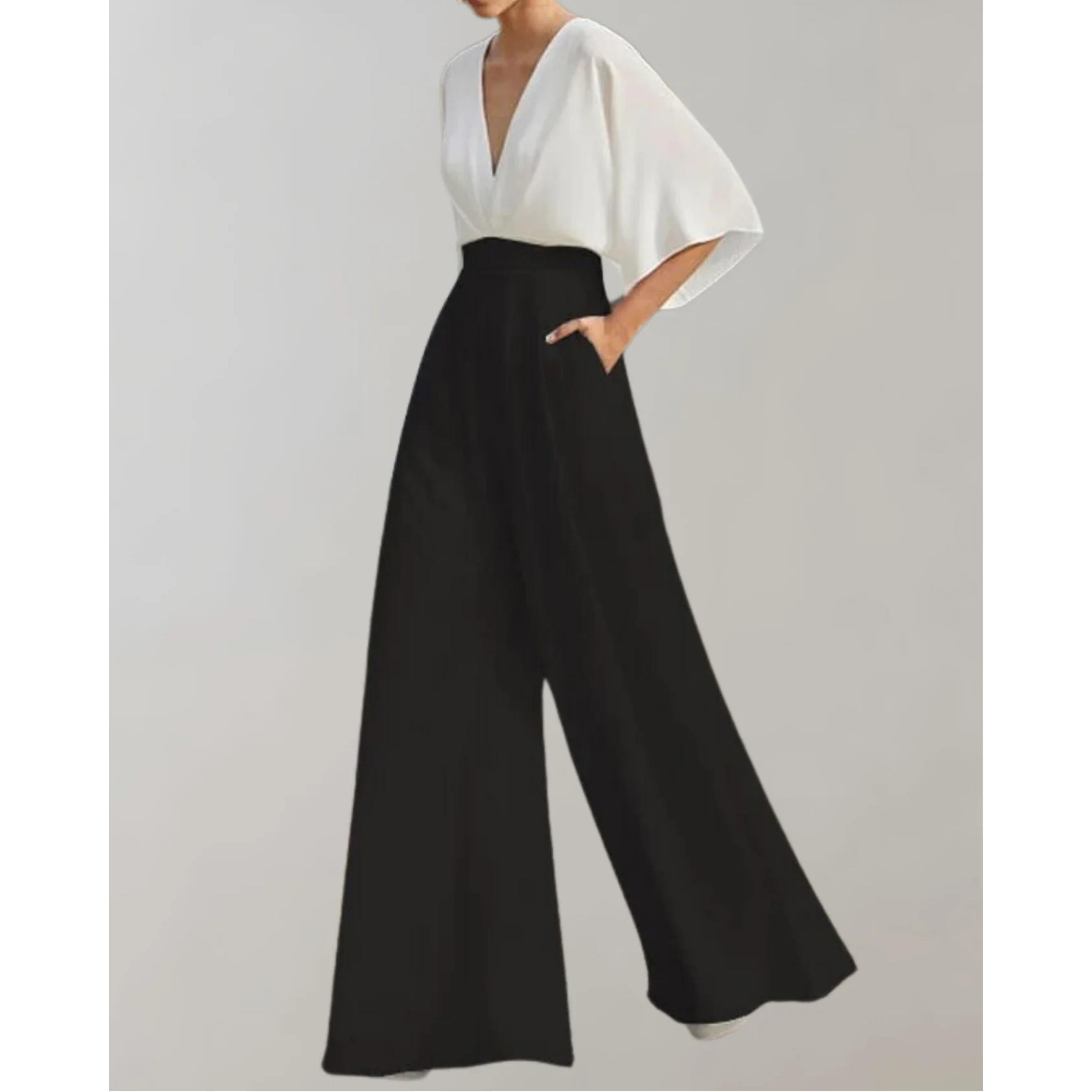 Cassandra - Women's Relaxed Wide Jumpsuit with a V Neck