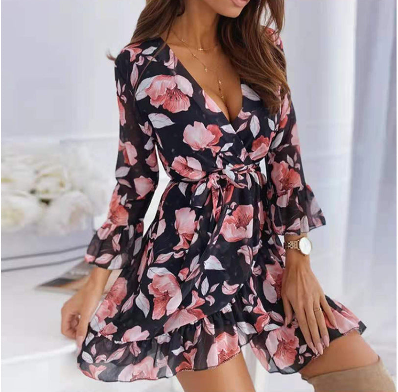 Leila - Women's Floral Print Mini Dress with V-Neck and Ruffled Hem - photo 4