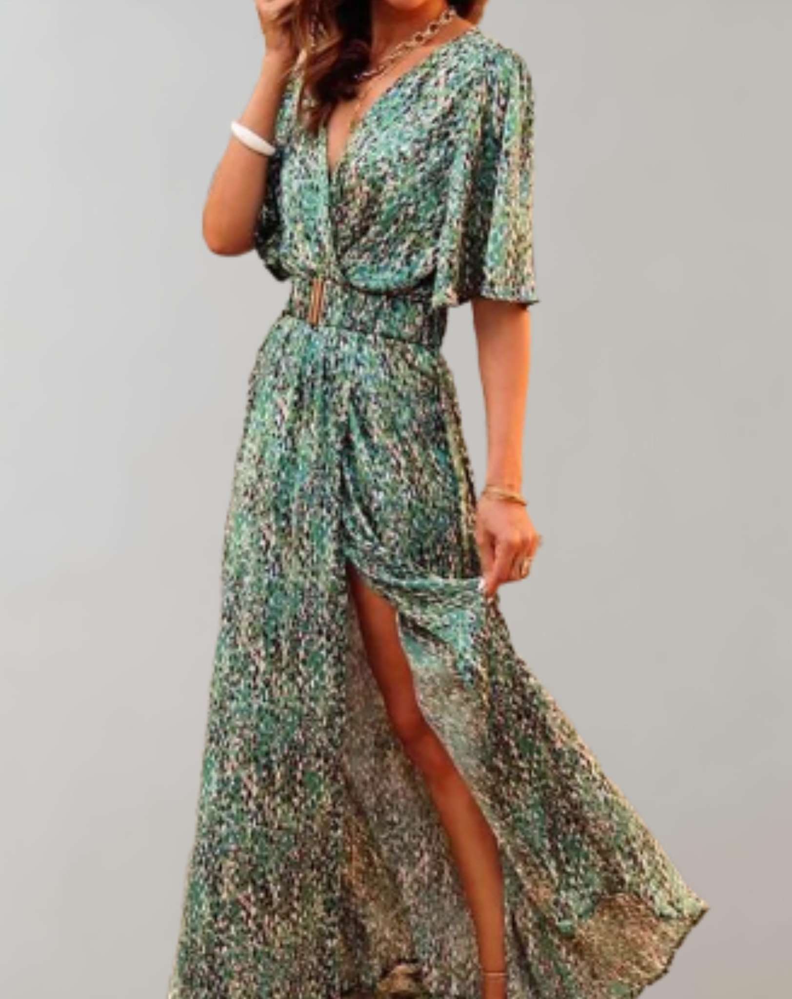 Charlene - Women's Printed Maxi Dress with Short Sleeves