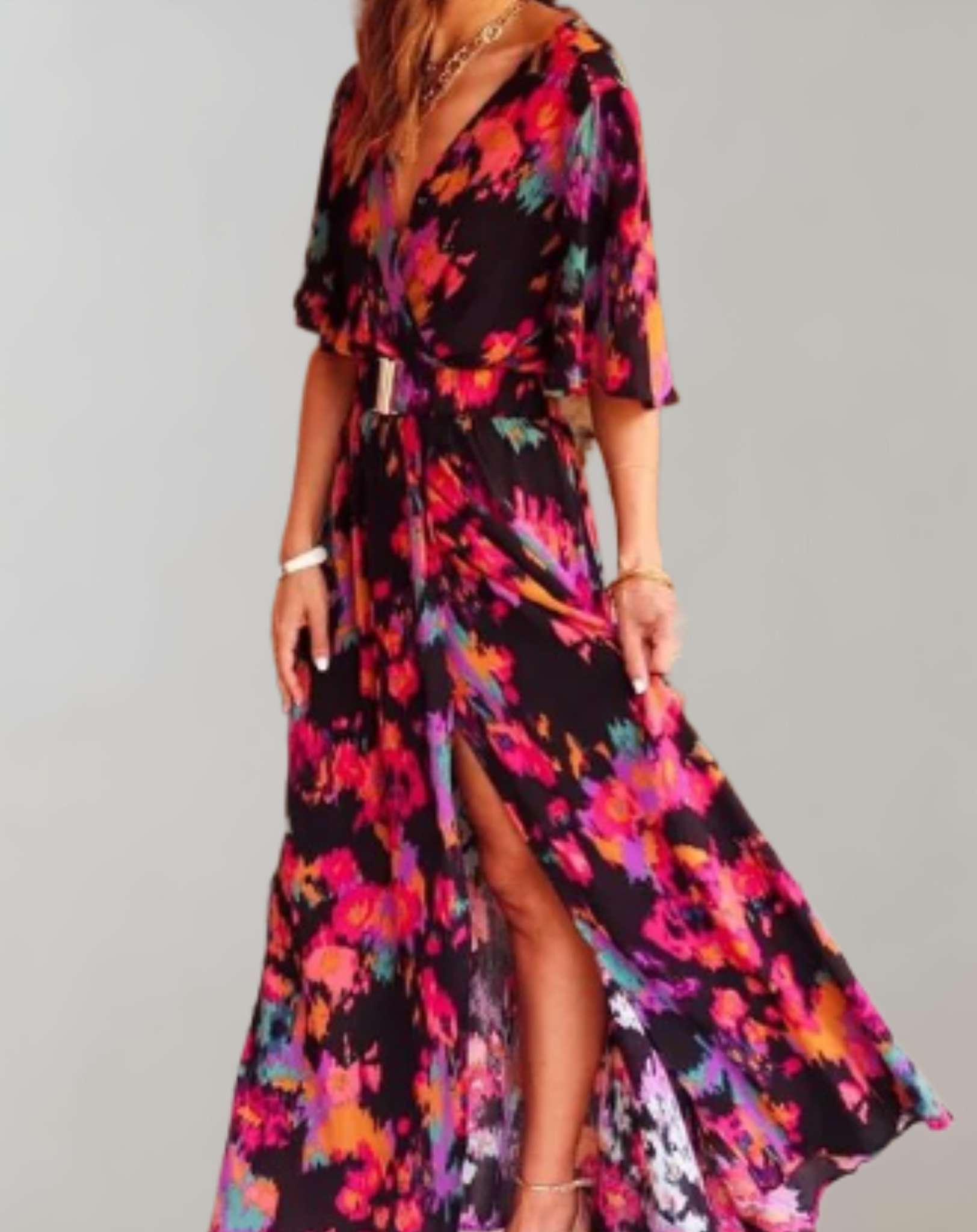 Charlene - Women's Printed Maxi Dress with Short Sleeves