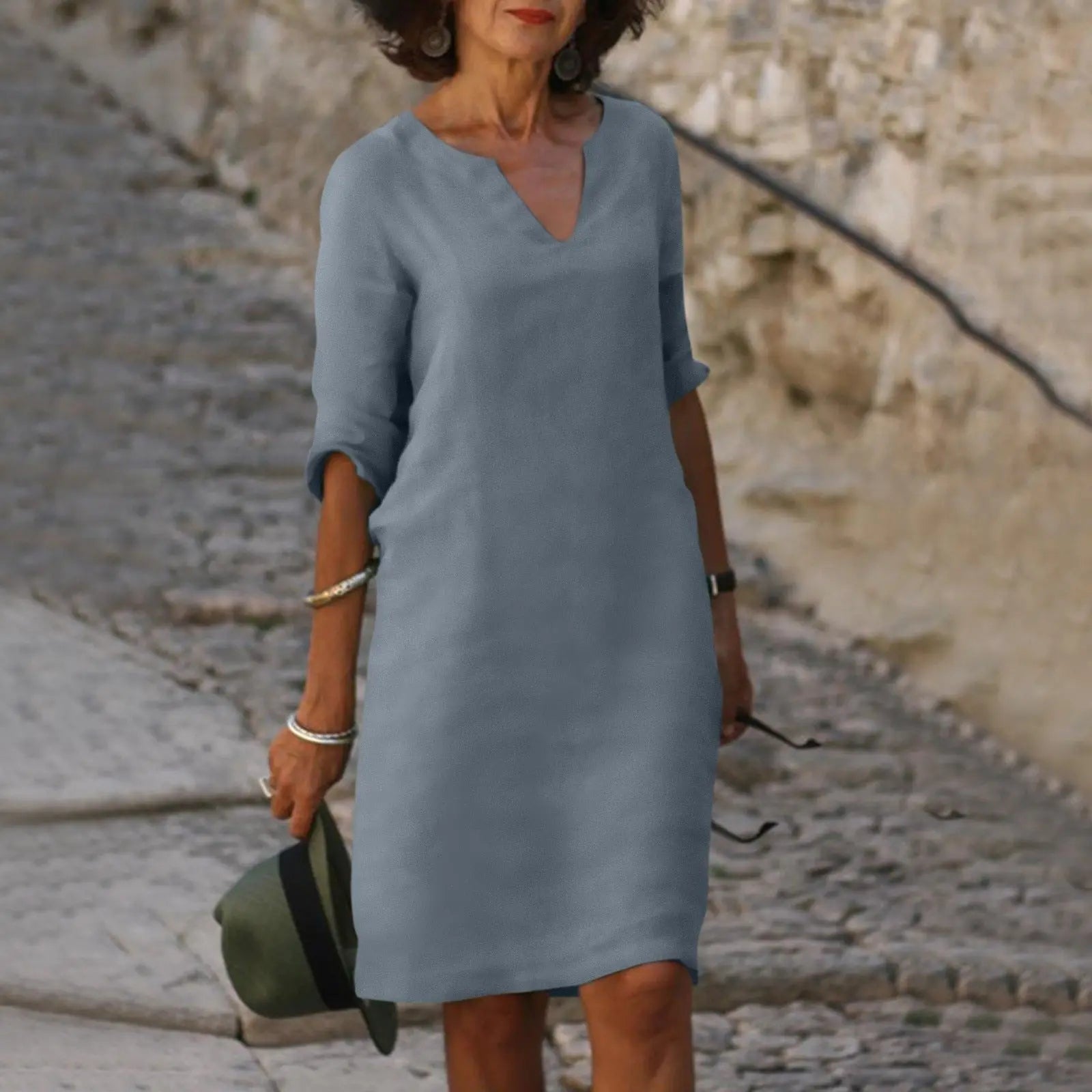 Cleo - Abito midi da donna in misto lino con scollo a V e maniche a 3/4