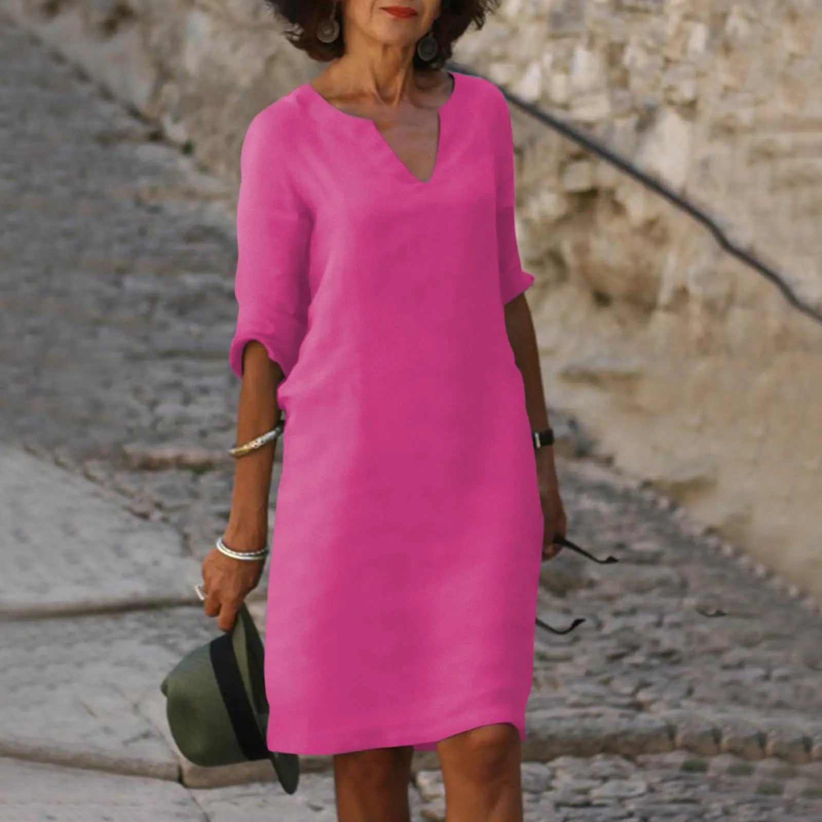 Cleo - Abito midi da donna in misto lino con scollo a V e maniche a 3/4
