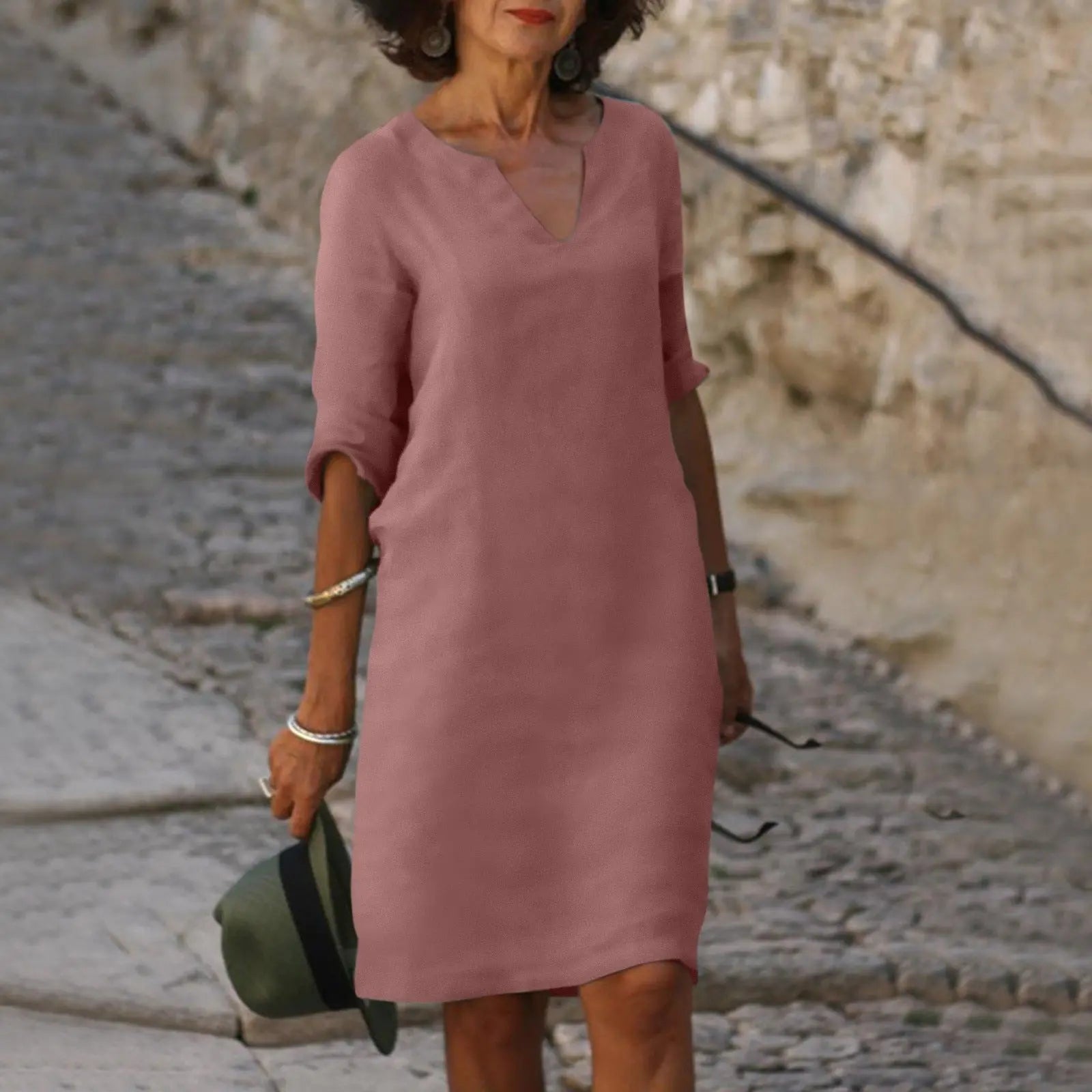 Cleo - Abito midi da donna in misto lino con scollo a V e maniche a 3/4