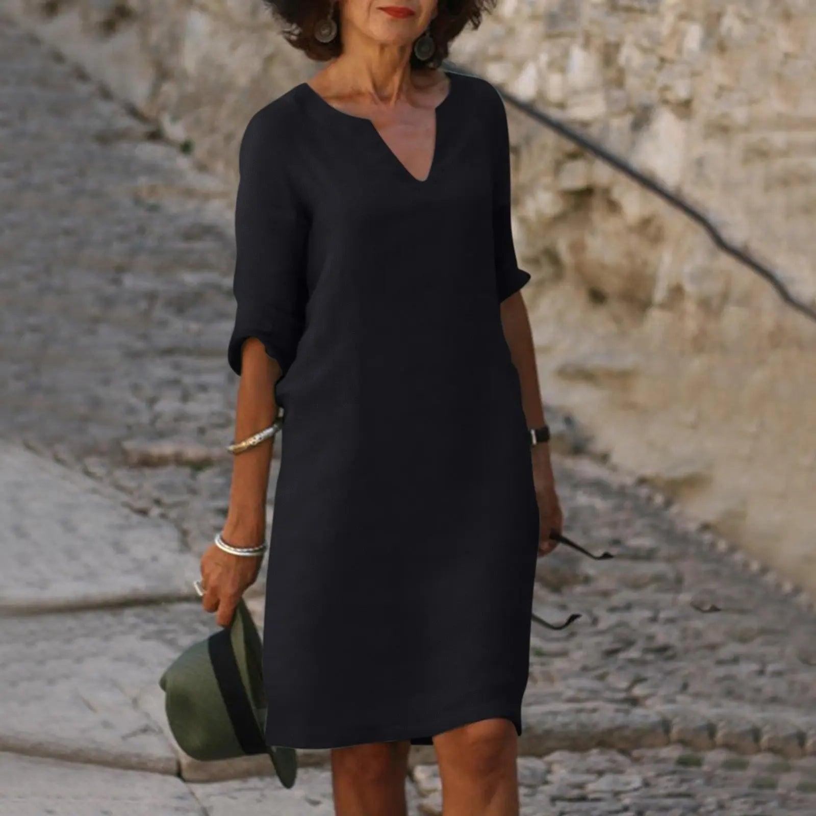 Cleo - Abito midi da donna in misto lino con scollo a V e maniche a 3/4