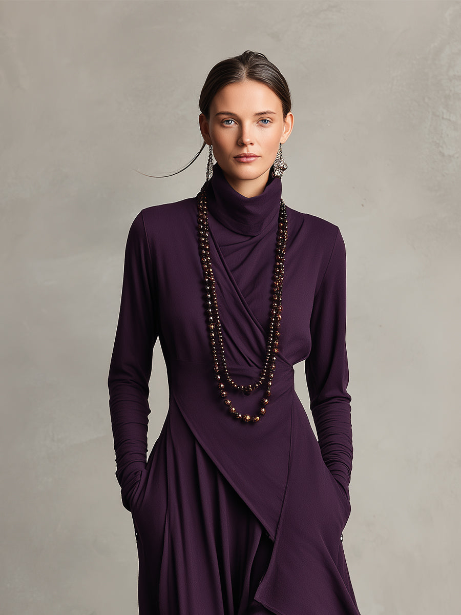 Asymmetrical Knit Maxi Dress with Turtleneck