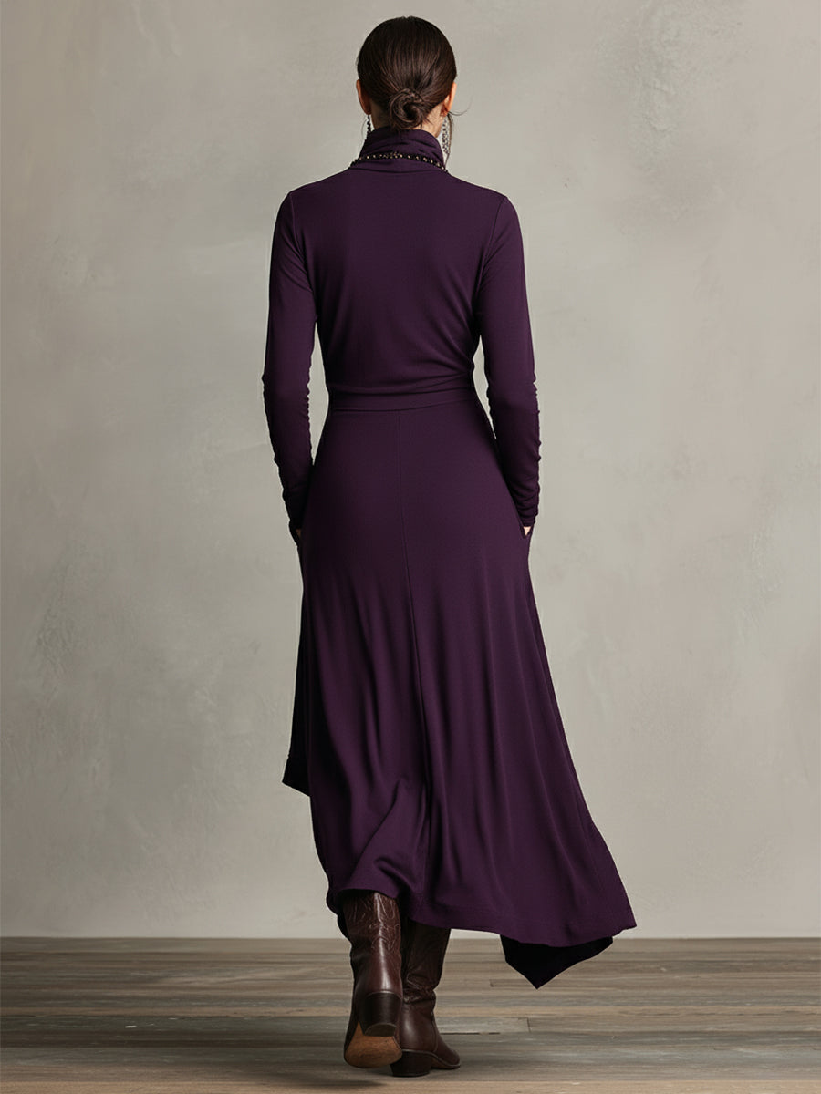 Asymmetrical Knit Maxi Dress with Turtleneck