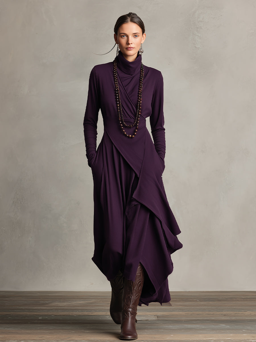 Asymmetrical Knit Maxi Dress with Turtleneck
