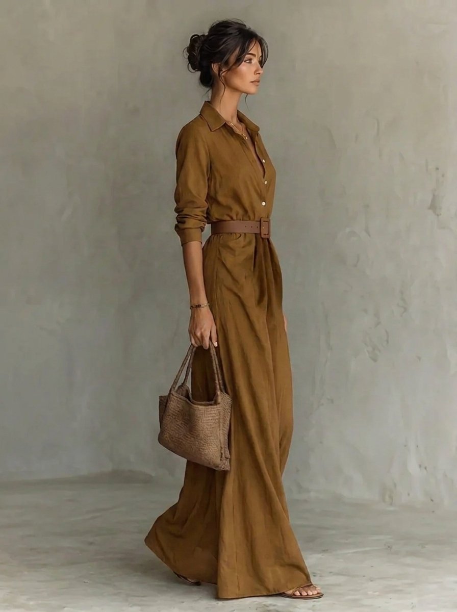 Women's Belted Maxi Long Sleeve Dress Collared Shirt Style