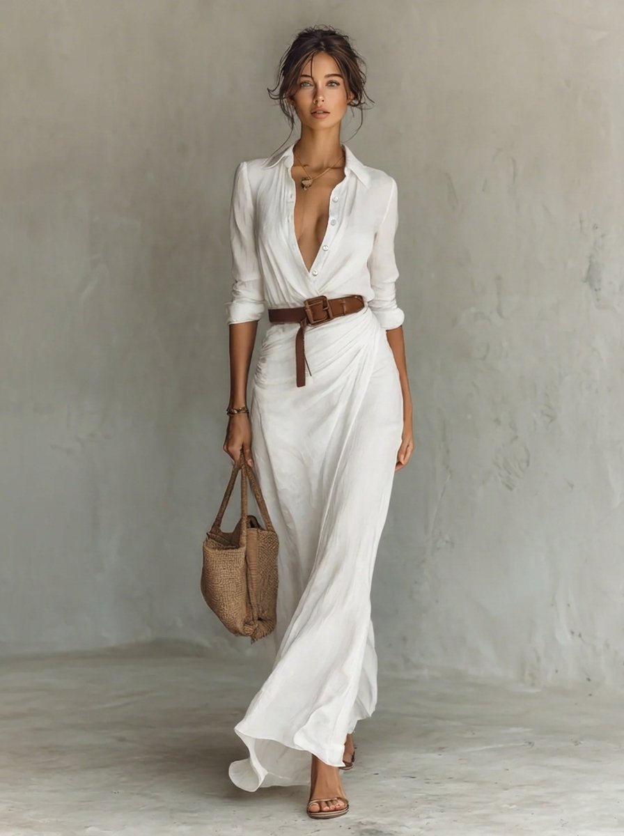 Women's Belted Maxi Long Sleeve Dress Collared Shirt Style
