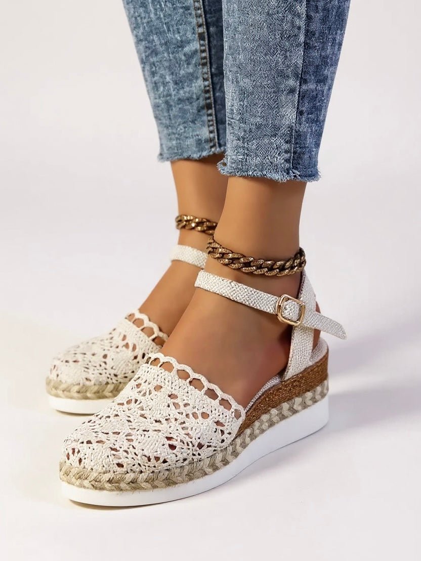 Victoria - Sandali espadrillas con plateau da donna, stile boho, all'uncinetto