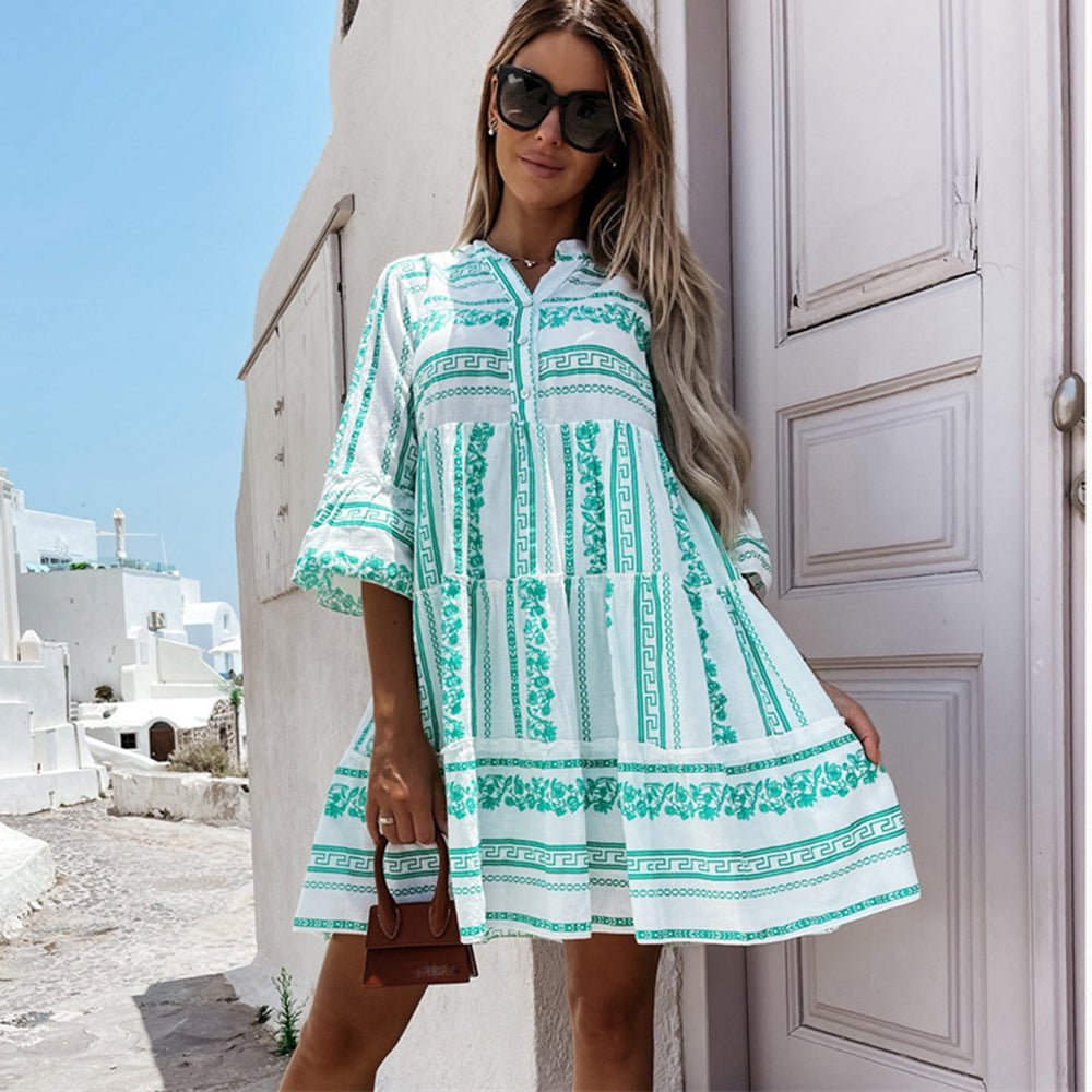 Women's Boho Printed Tiered Tunic Mini Dress Relaxed Fit in Beige