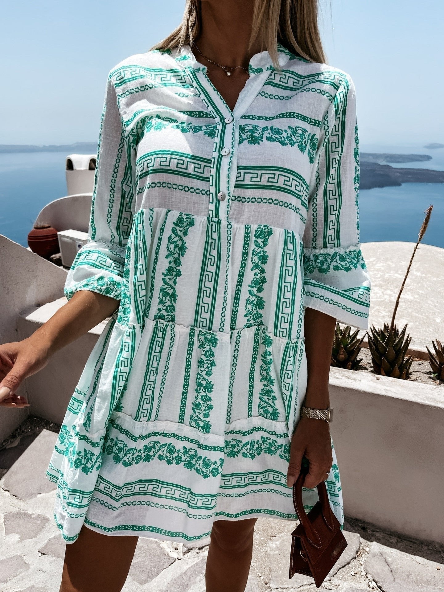 Abbey - Women's Boho Printed Tiered Tunic Mini Dress Relaxed Fit