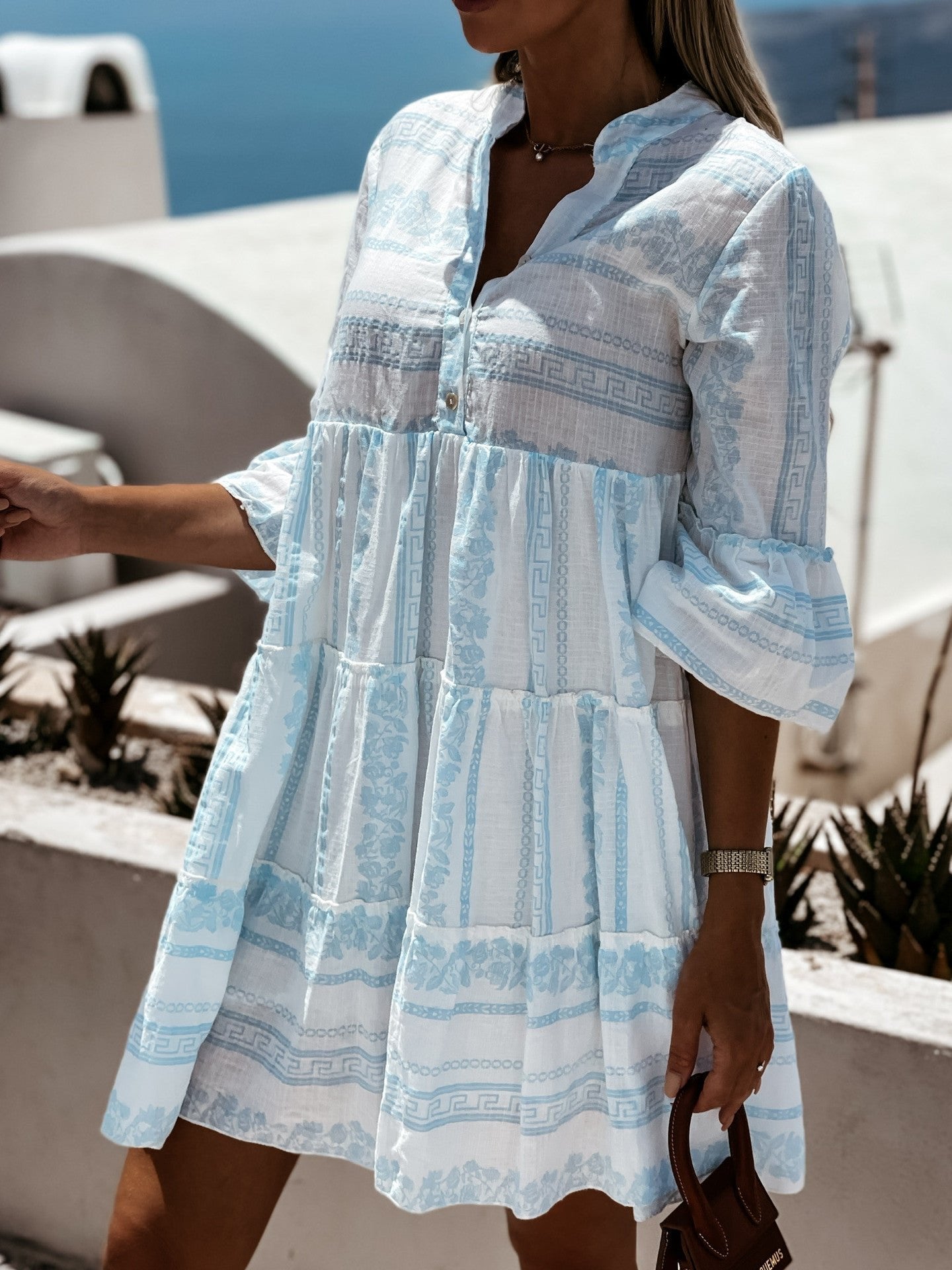 Abbey - Women's Boho Printed Tiered Tunic Mini Dress Relaxed Fit