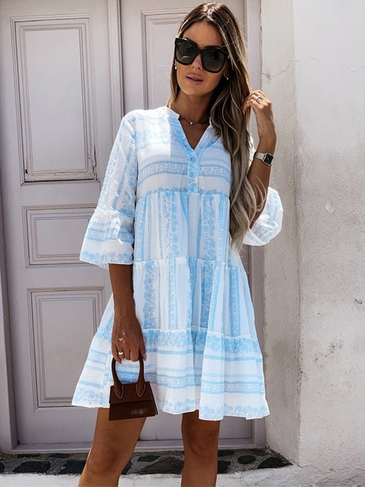 Abbey - Women's Boho Printed Tiered Tunic Mini Dress Relaxed Fit