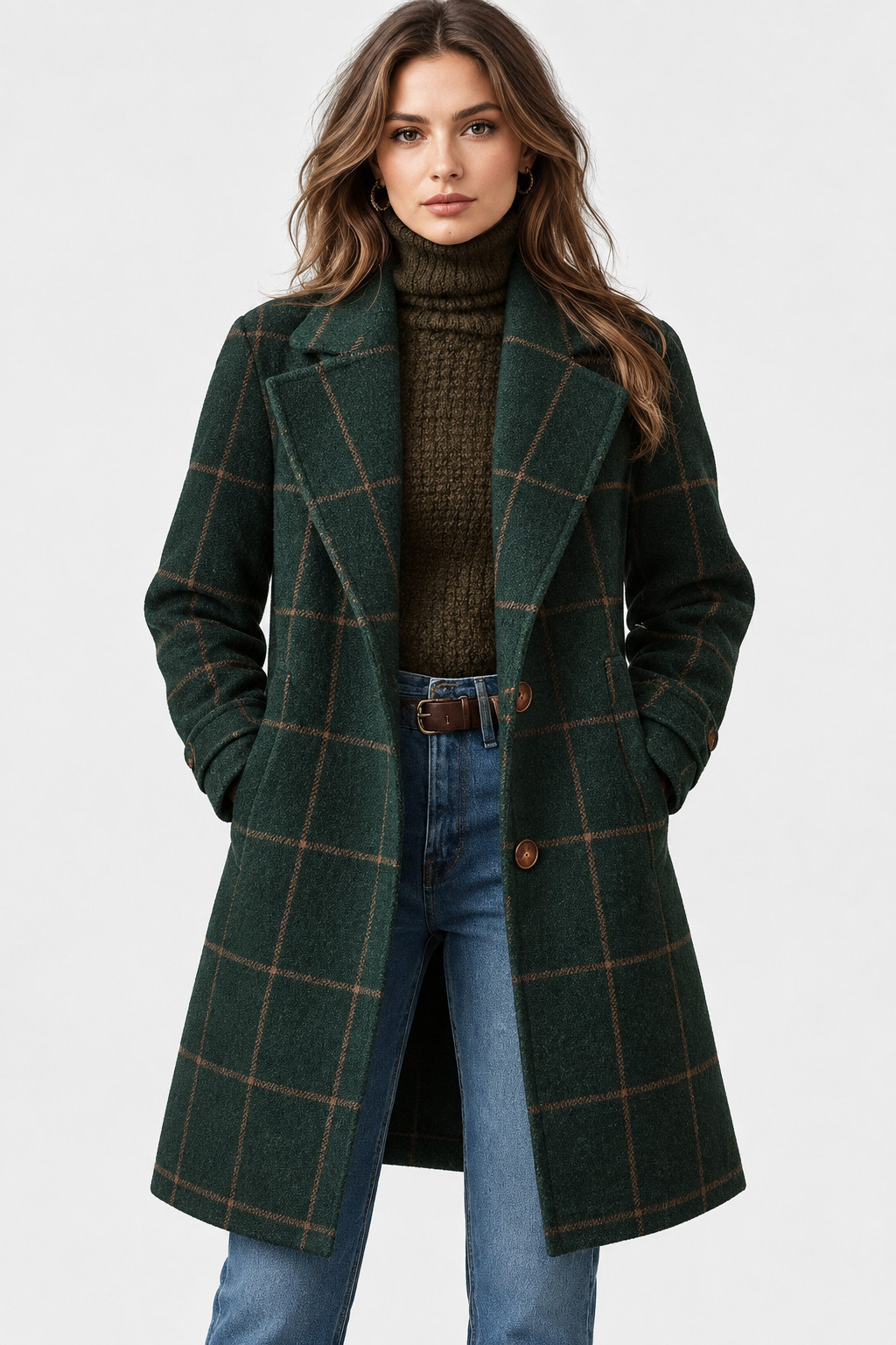 Women's Checked Longline Coat with Notch Lapels