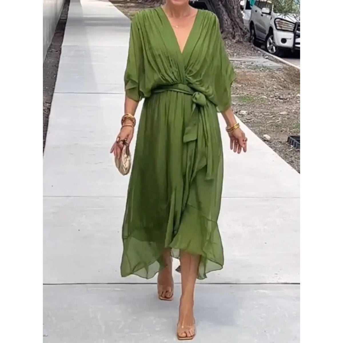 Women's Chiffon Wrap Midi Dress with Batwing Sleeves and Tie Waist – view 10