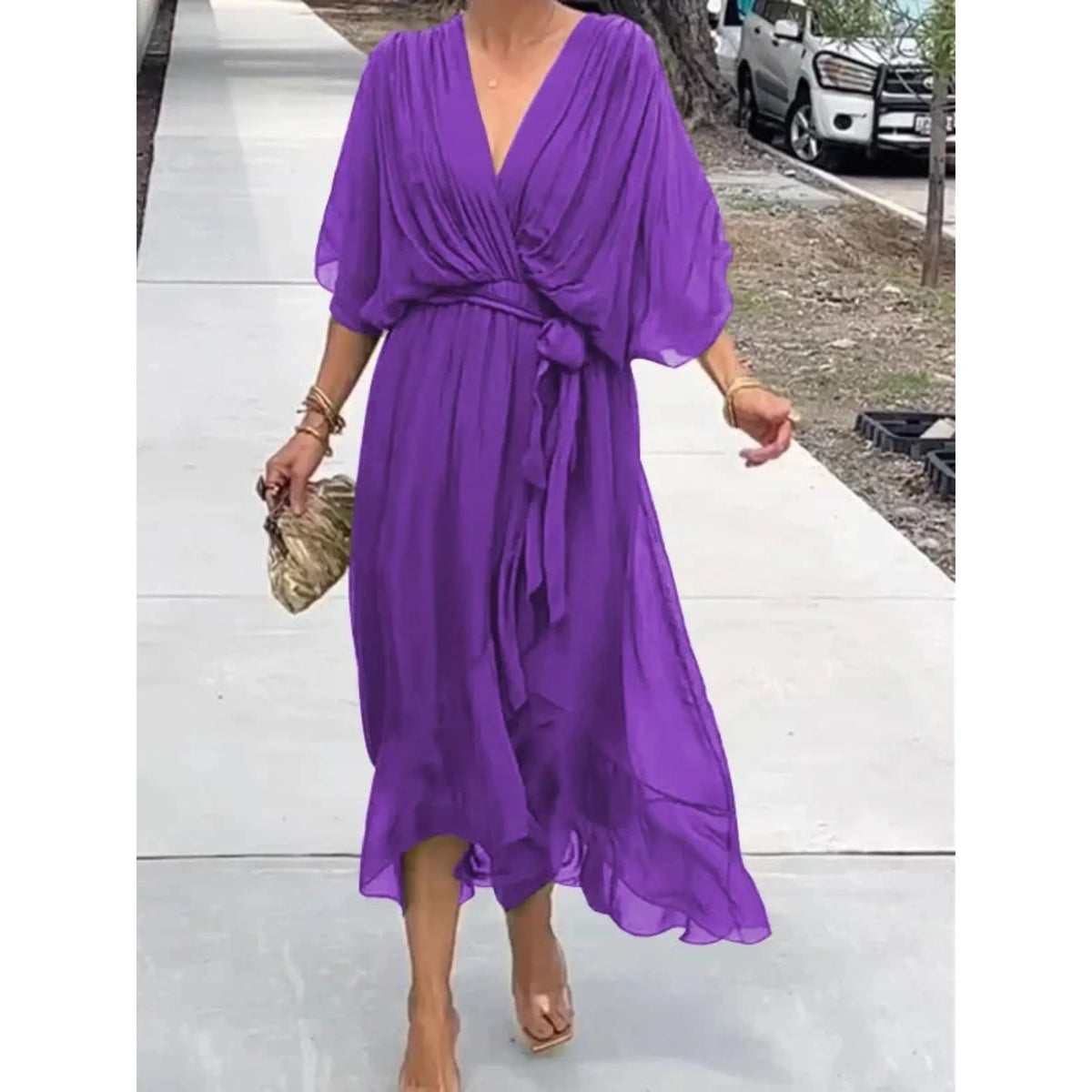 Women's Chiffon Wrap Midi Dress with Batwing Sleeves and Tie Waist – view 3