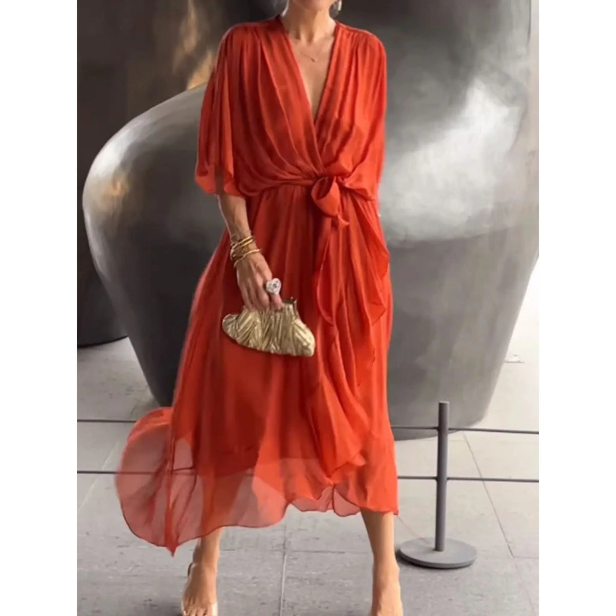 Women's Chiffon Wrap Midi Dress with Batwing Sleeves and Tie Waist – view 4