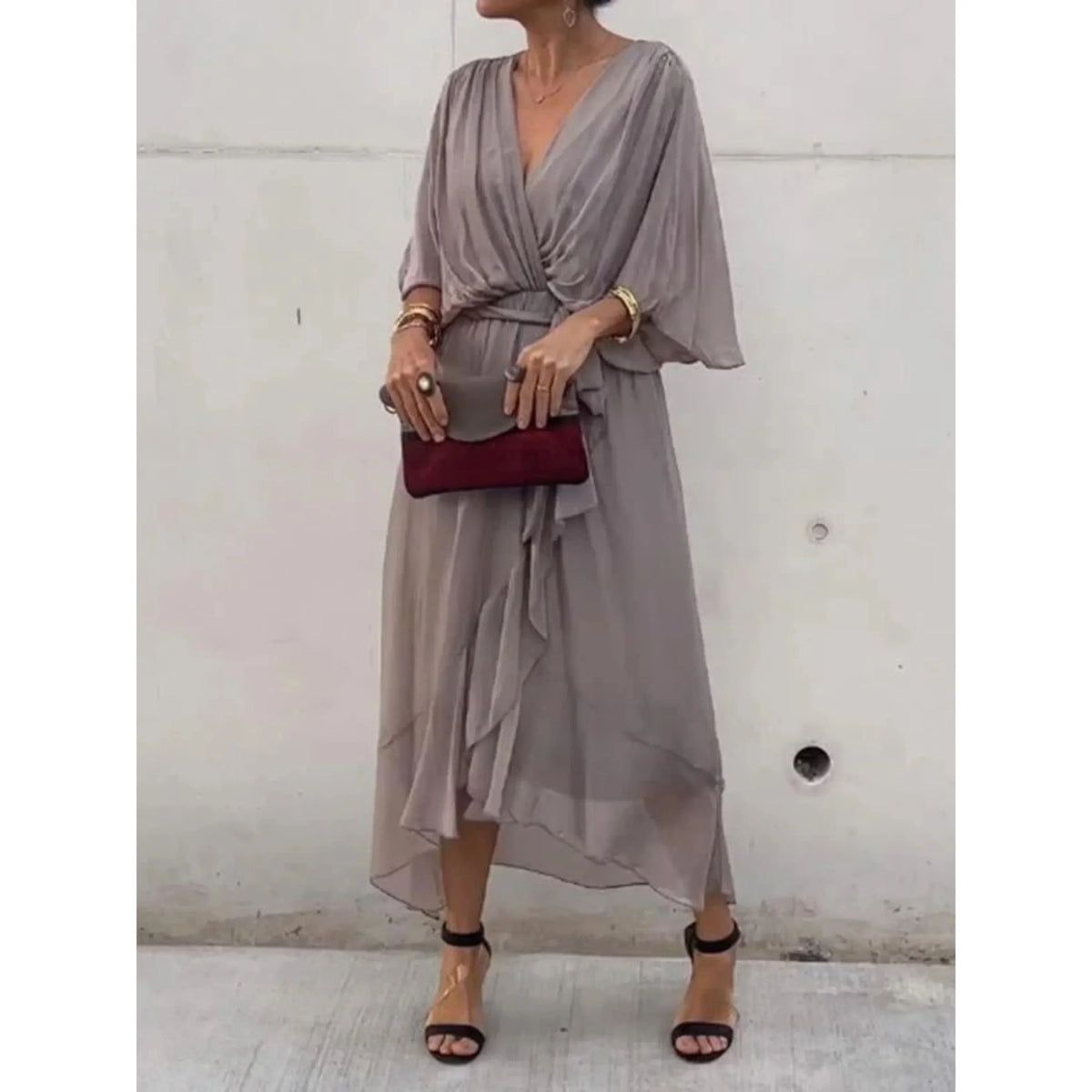 Women's Chiffon Wrap Midi Dress with Batwing Sleeves and Tie Waist – view 8