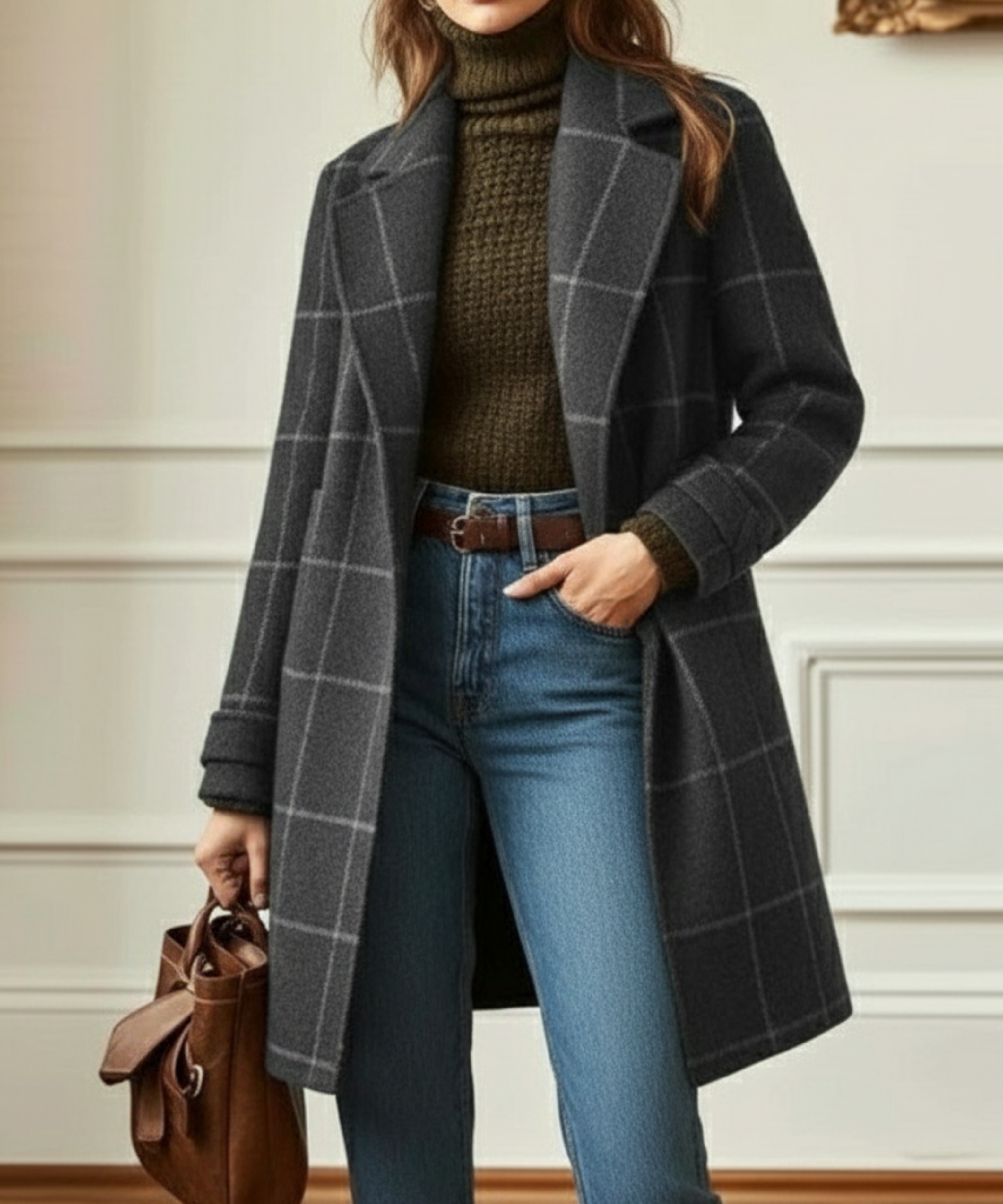 Adrienne - Women's Long Coat in Classic Check - photo 3