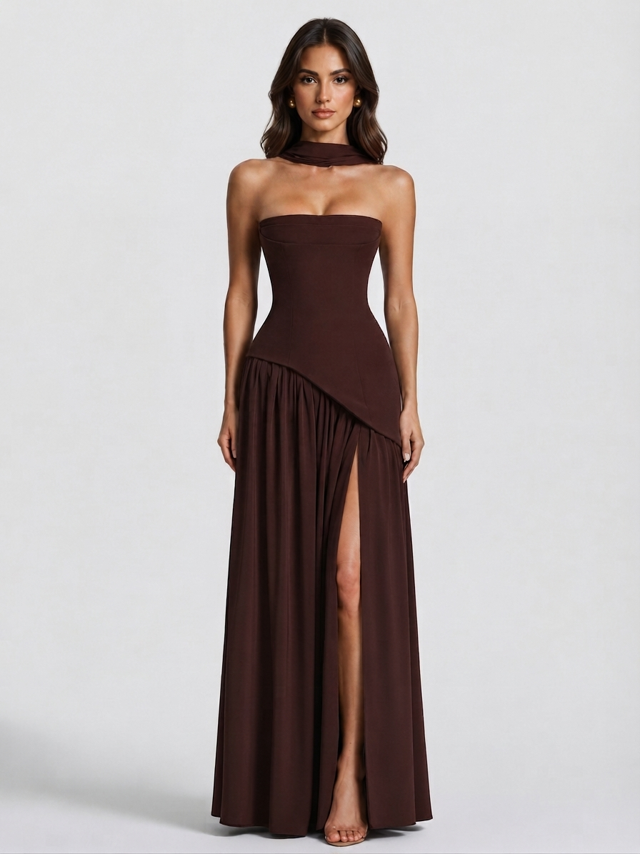 Women's Corset Draped Evening Gown High Slit Sleeveless Dress