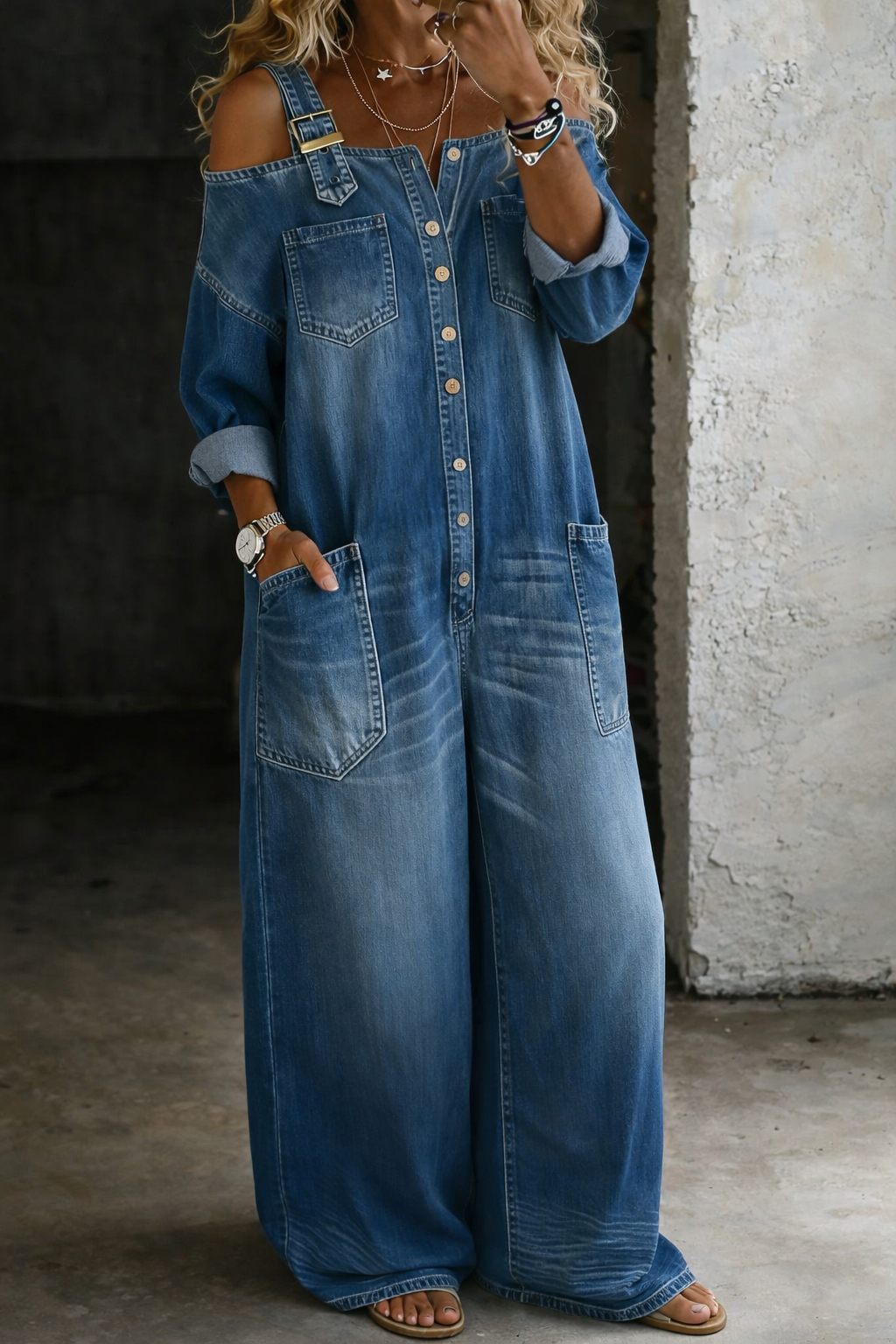 Annemarie - Women's Relaxed Denim Jumpsuit in Off-Shoulder Cut - photo 4