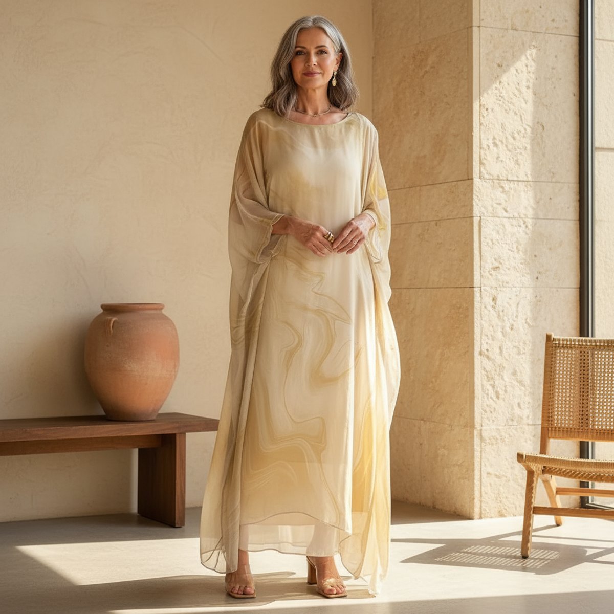 Women's Flowy Batwing-Sleeve Maxi Long Sleeve Dress Crewneck