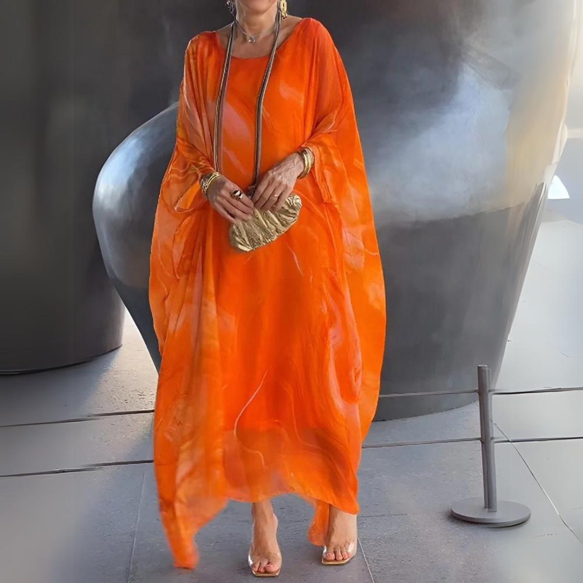 Women's Flowy Batwing-Sleeve Maxi Long Sleeve Dress Crewneck