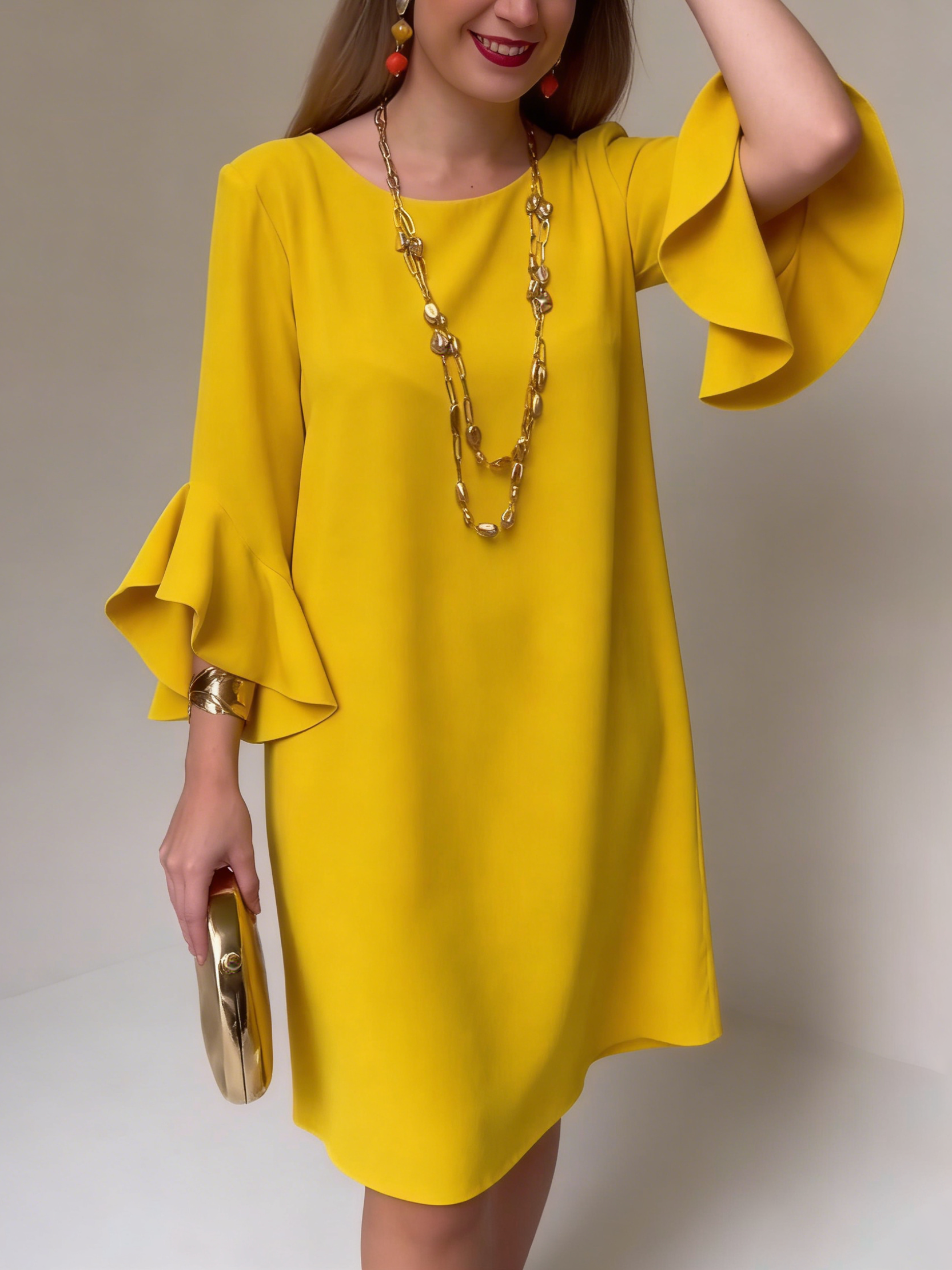 Bridie - Women's Relaxed Midi Dress in Fluid Ruffle Sleeves - photo 1