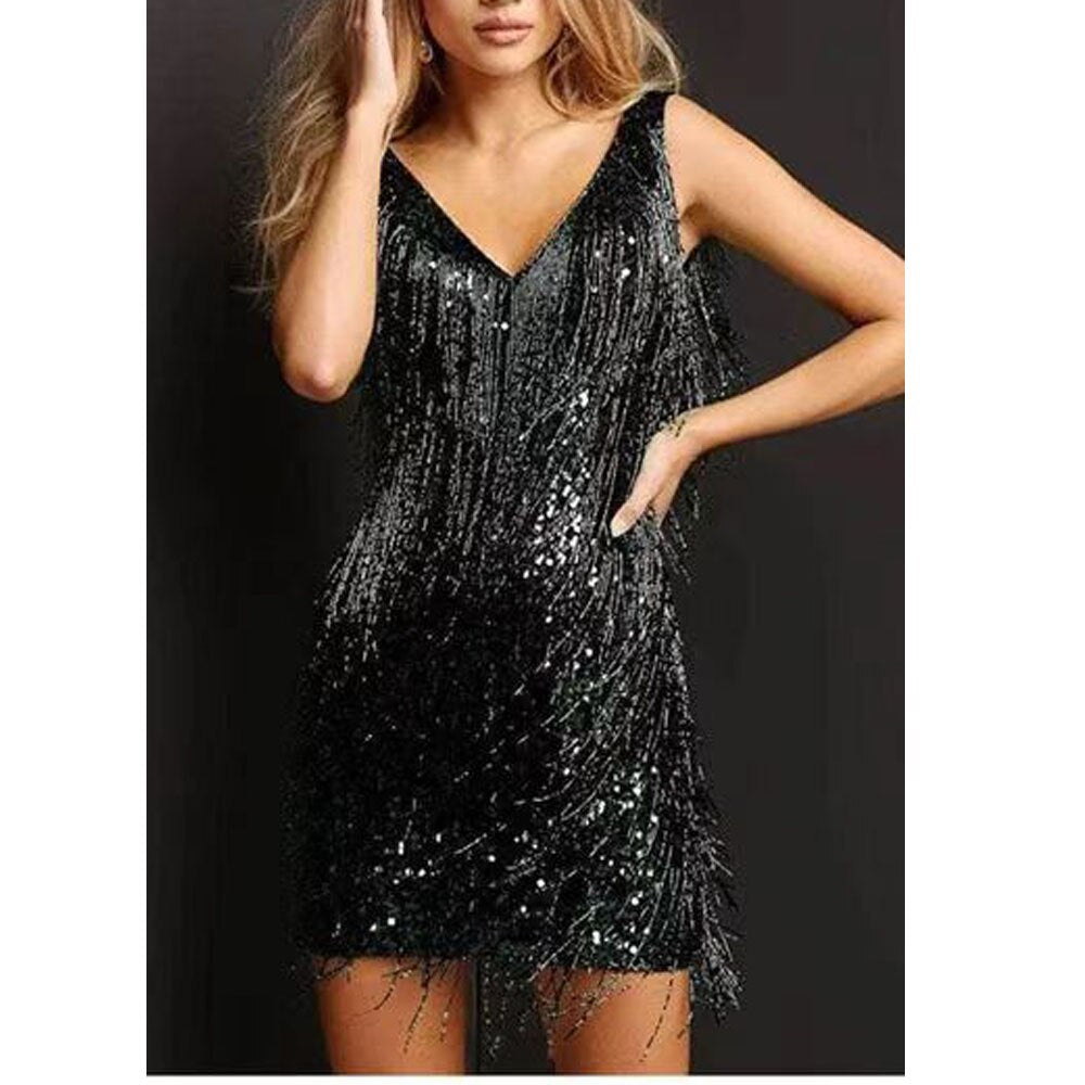 Jean - Women's Fringe Party Dress with Sequin Detail