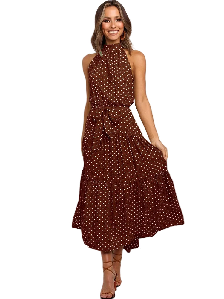 Women's Halter Neck Midi Dress with Waist Tie