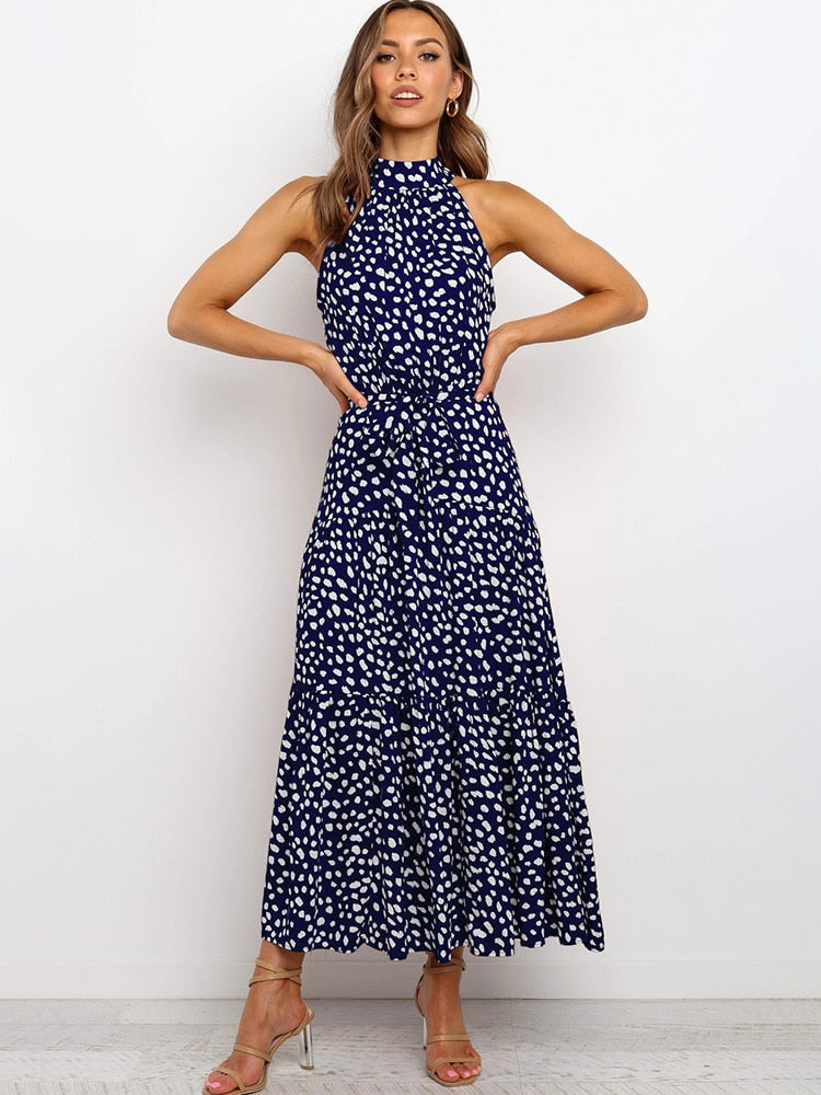 Women's Halter Neck Midi Dress with Waist Tie