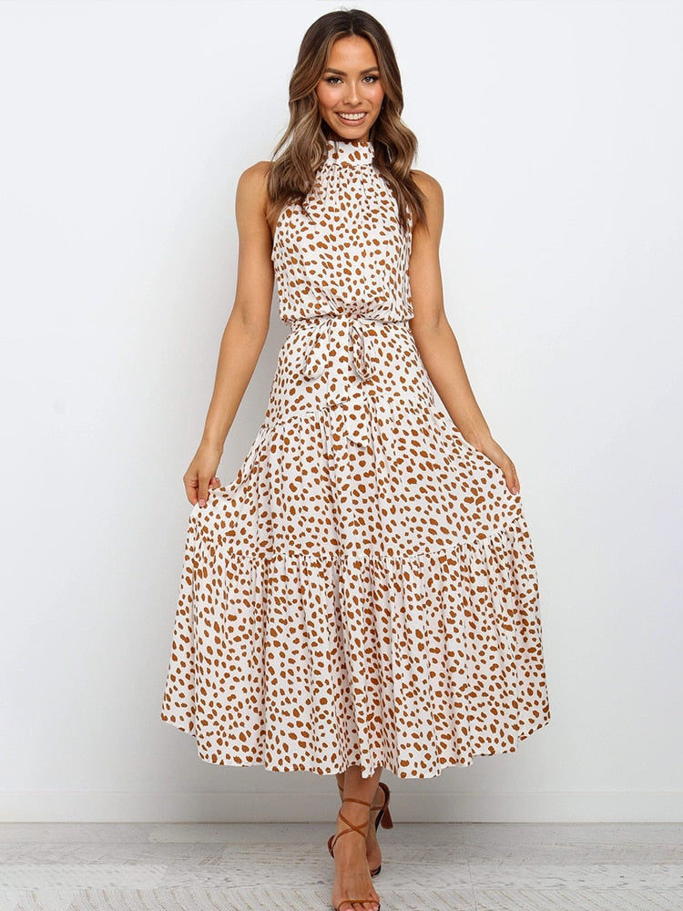 Women's Halter Neck Midi Dress with Waist Tie