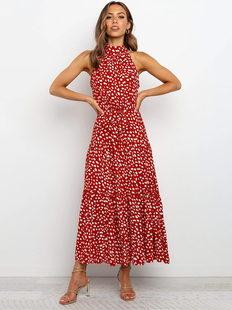Women's Halter Neck Midi Dress with Waist Tie