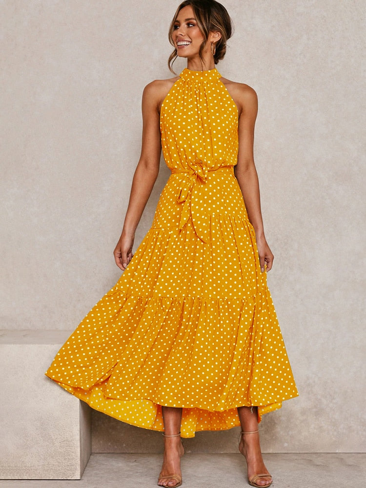 Women's Halter Neck Midi Dress with Waist Tie
