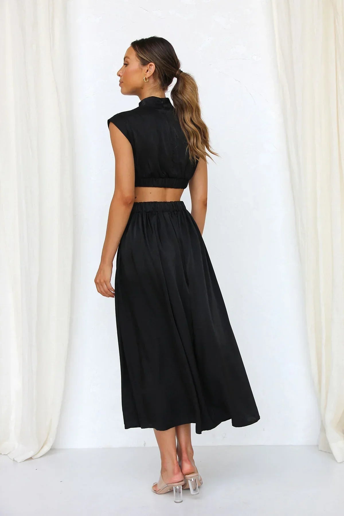 Patsy - Women's High Neck Midi Dress with Waist Cutouts