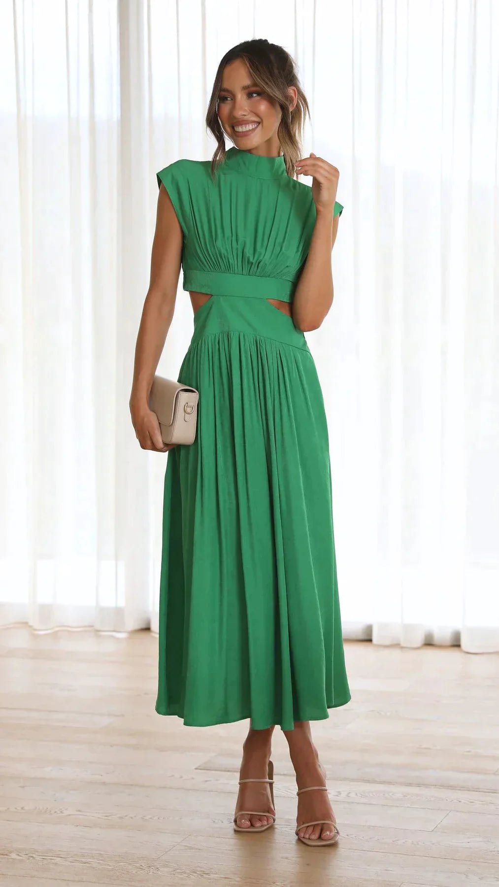 Patsy - Women's High Neck Midi Dress with Waist Cutouts