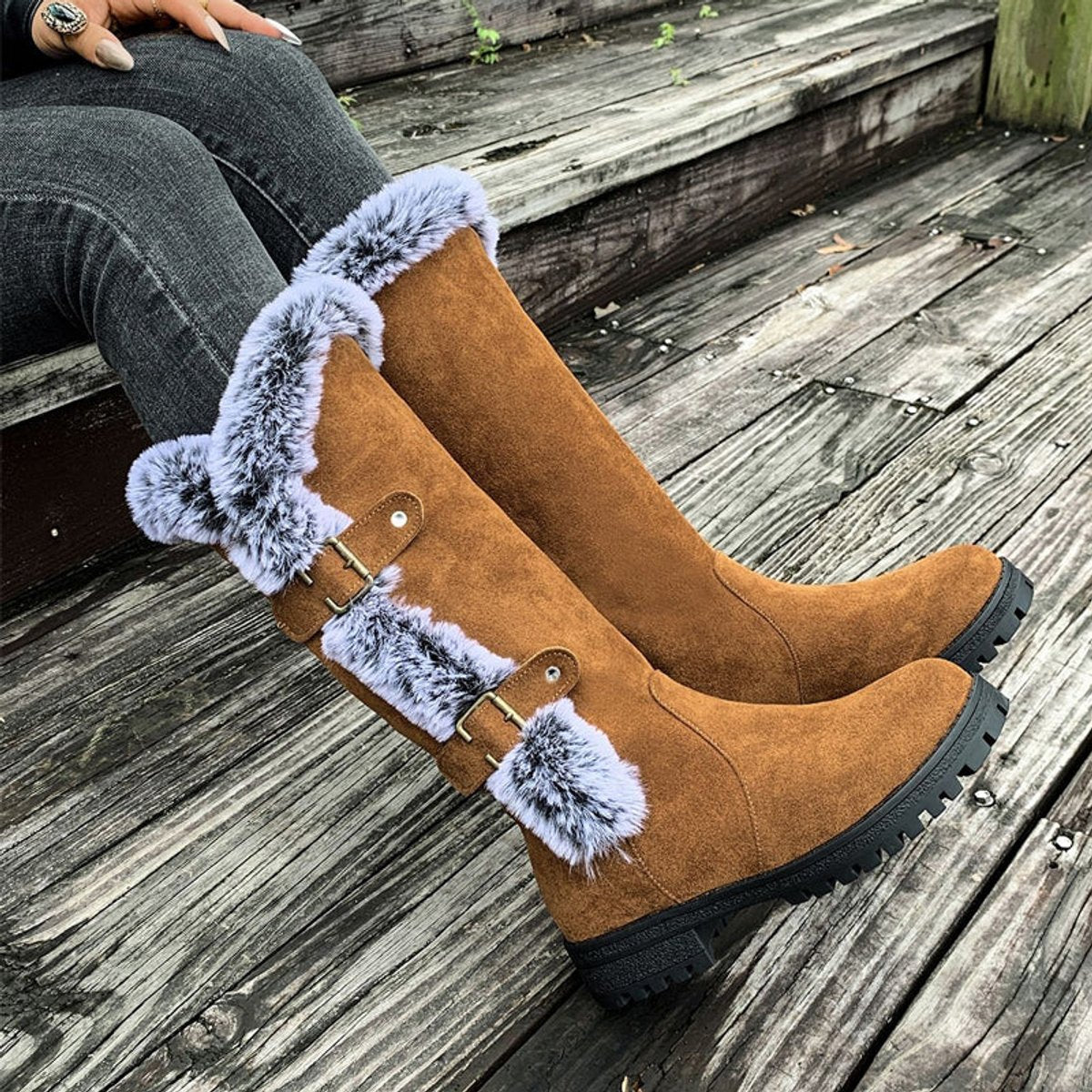 Connie - Women's Knee High Boots with Fur Trim and Buckles