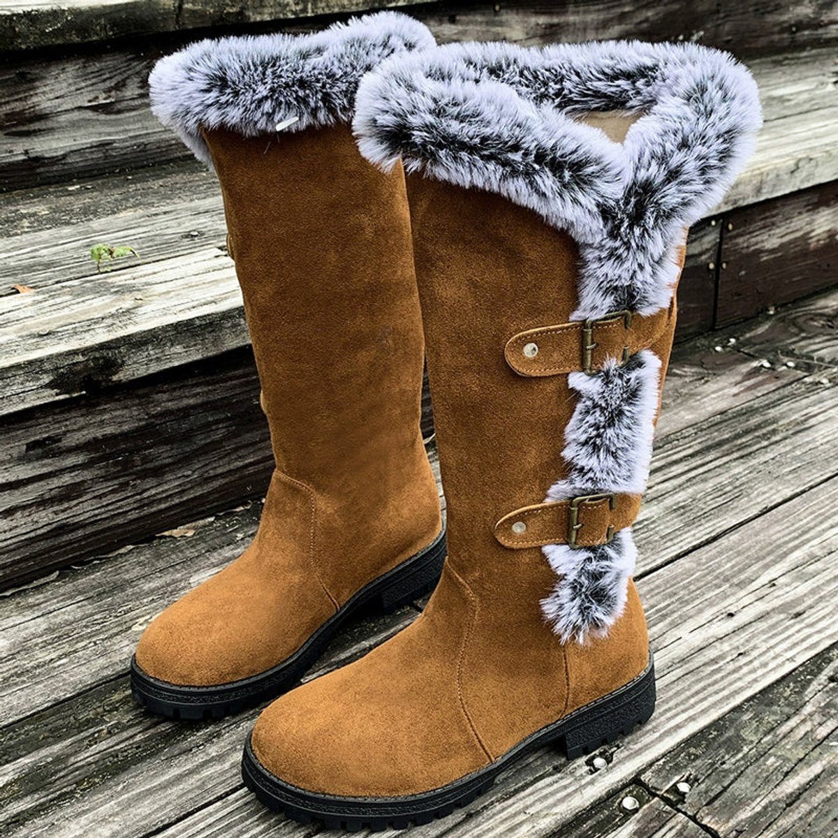 Connie - Women's Knee High Boots with Fur Trim and Buckles