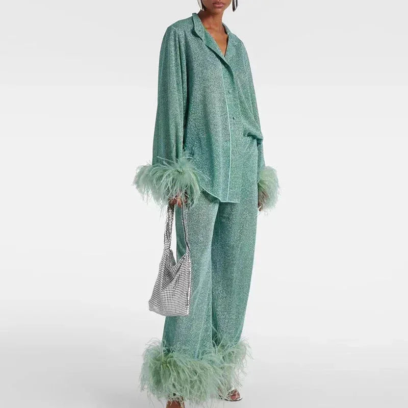 Women's Knit Matching Set Feather Trim Two Piece Outfit with Shimmer Finish – view 2