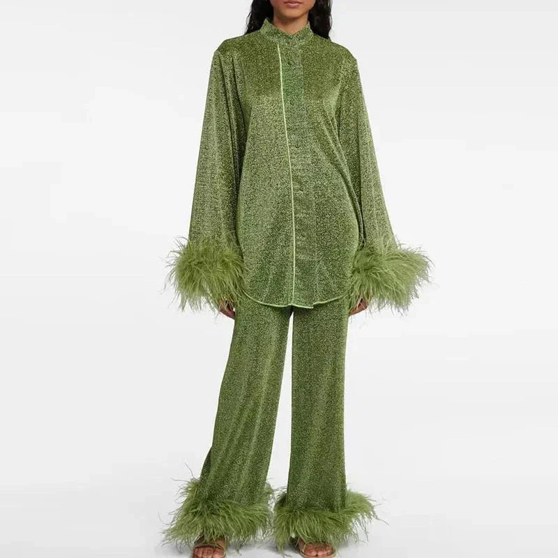 Women's Knit Matching Set Feather Trim Two Piece Outfit with Shimmer Finish – view 3