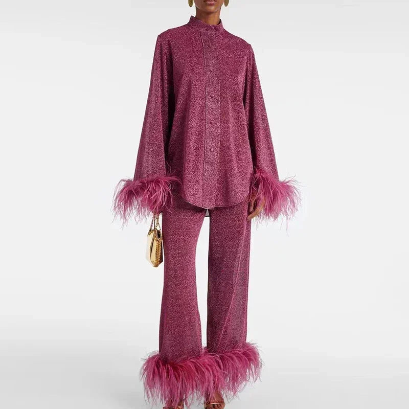Women's Knit Matching Set Feather Trim Two Piece Outfit with Shimmer Finish – view 4