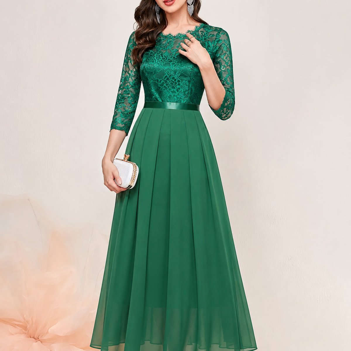Women's Lace Bodice Three-Quarter Sleeve Maxi Formal Dresses
