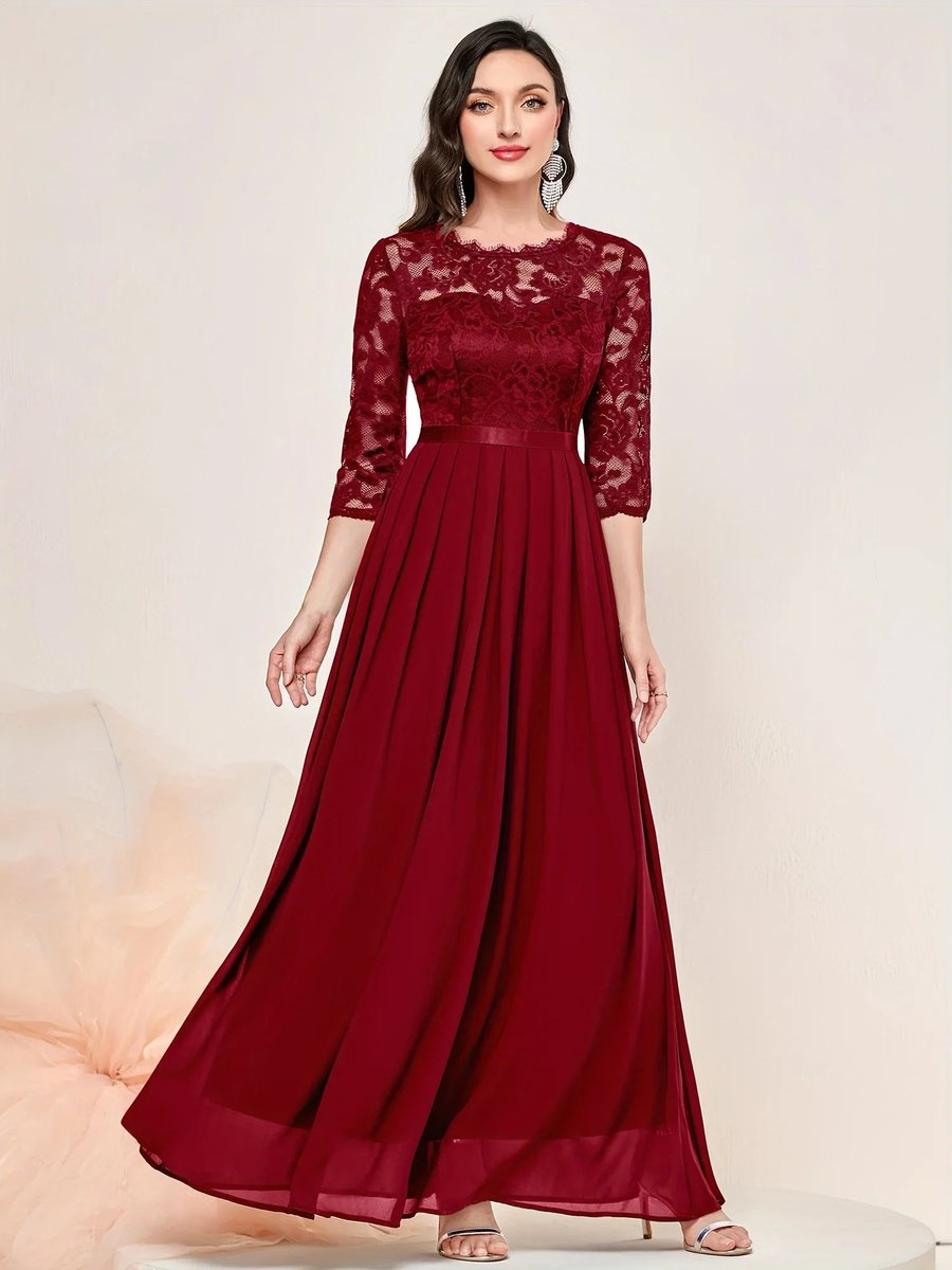 Women's Lace Bodice Three-Quarter Sleeve Maxi Formal Dresses