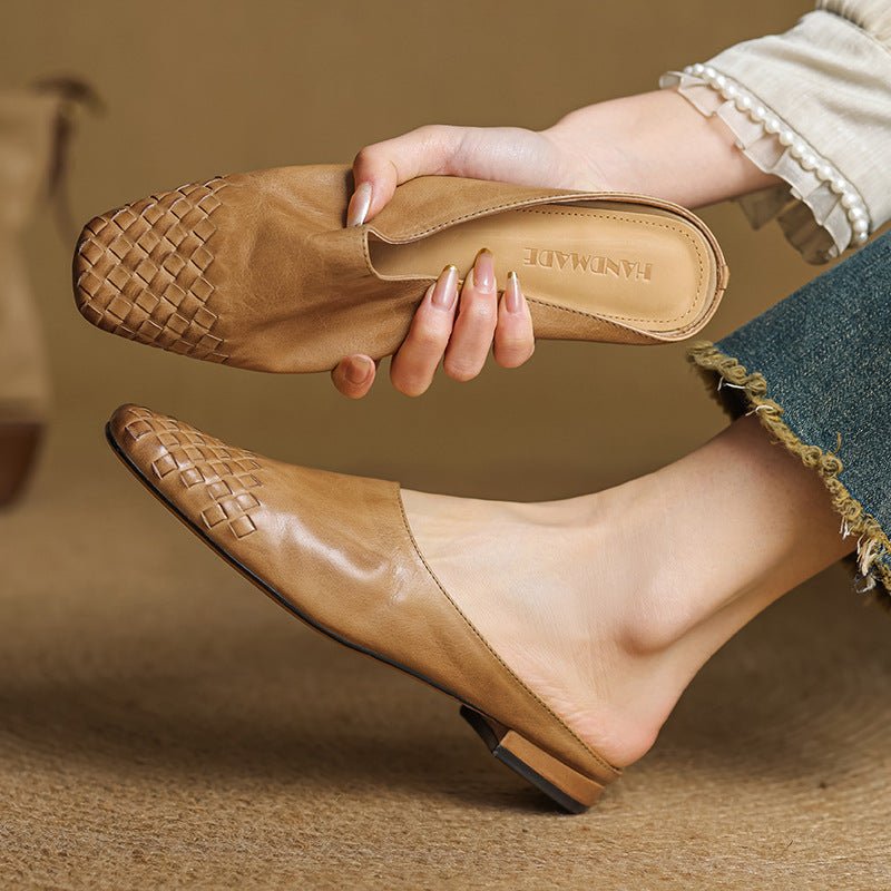 Women's Leather Mules Square Toe Woven Slip-On Flats in Khaki