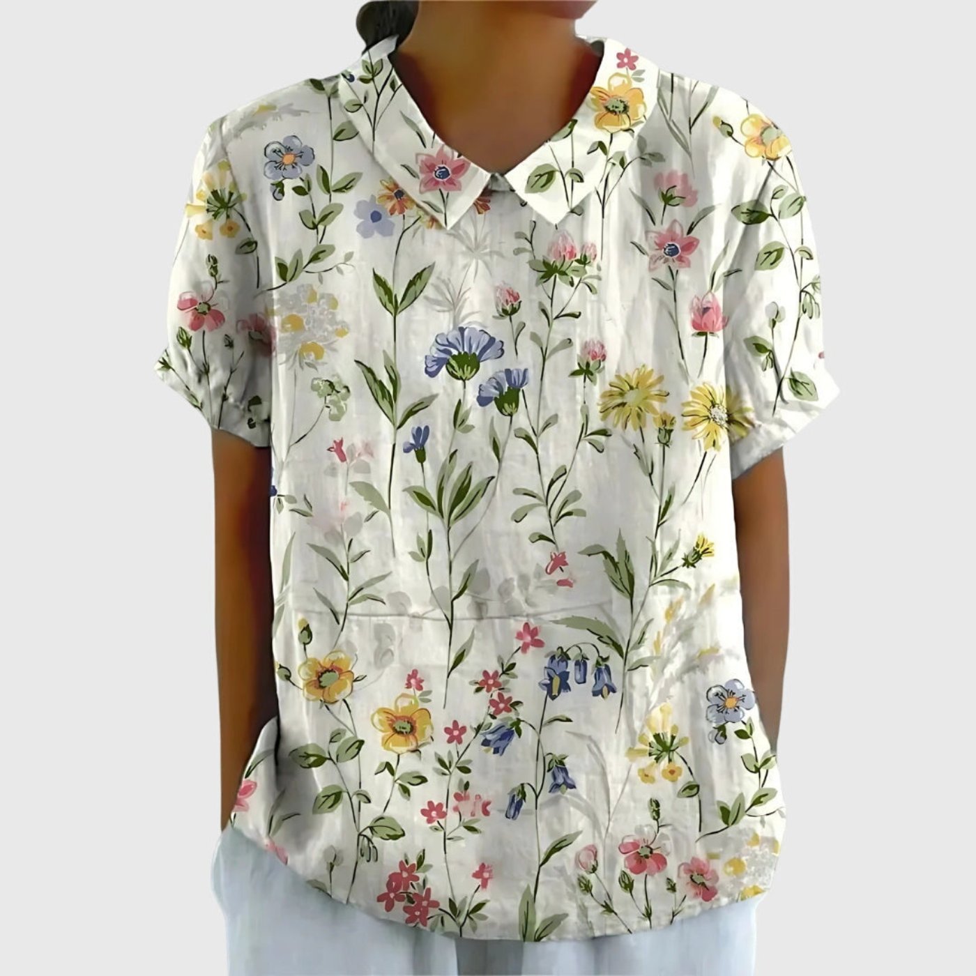 Women's Linen Short Sleeve Blouse with Peter Pan Collar in White